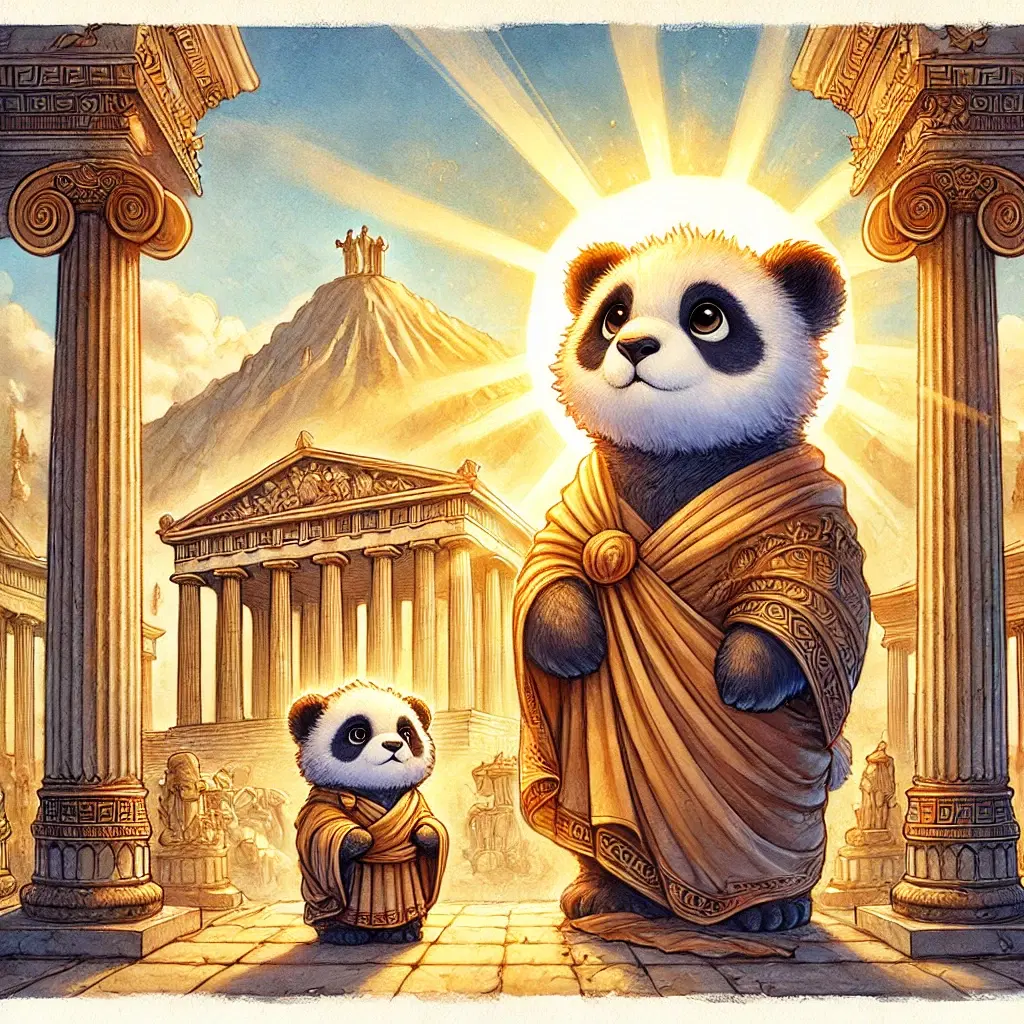 Large panda and mini panda as Greek gods