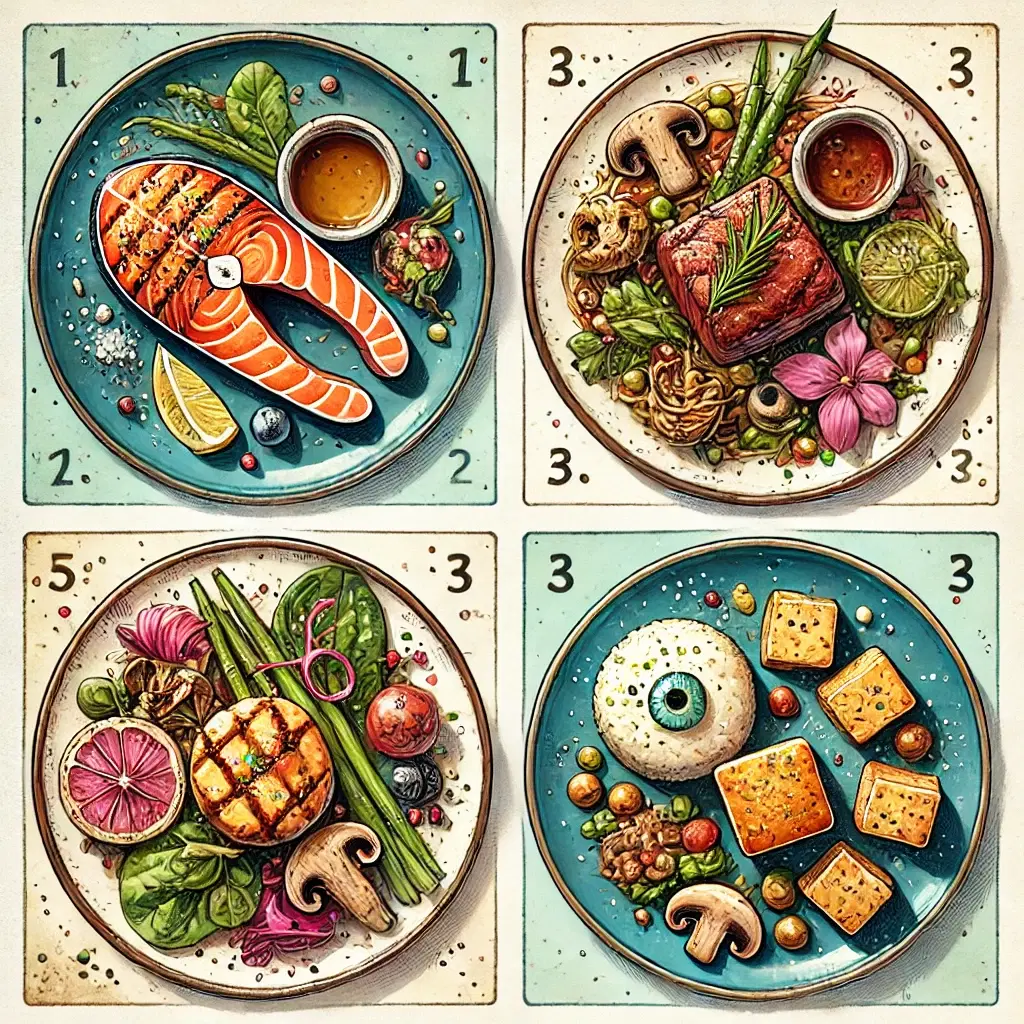 Stylized dinner meals with eyeballs