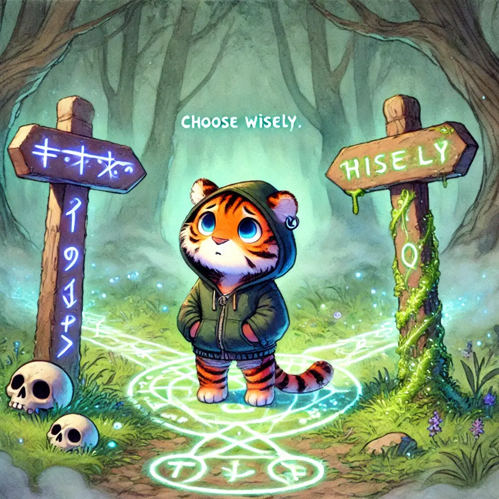 Tiger on path with nonsensical text